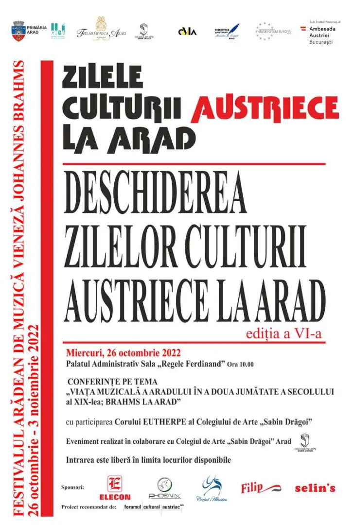Sub tutela lui Brahms. Zilele Culturii Austrice la Arad și Festivalul de Muzică Vieneză: 26 octombrie - 3 noiembrie 2022