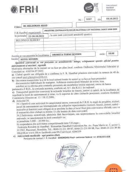 Handbalistul Robert Beldiman a fost convocat în Lotul Național de Cadeți