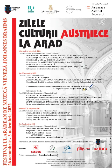 Sub tutela lui Brahms. Zilele Culturii Austrice la Arad și Festivalul de Muzică Vieneză: 26 octombrie - 3 noiembrie 2022