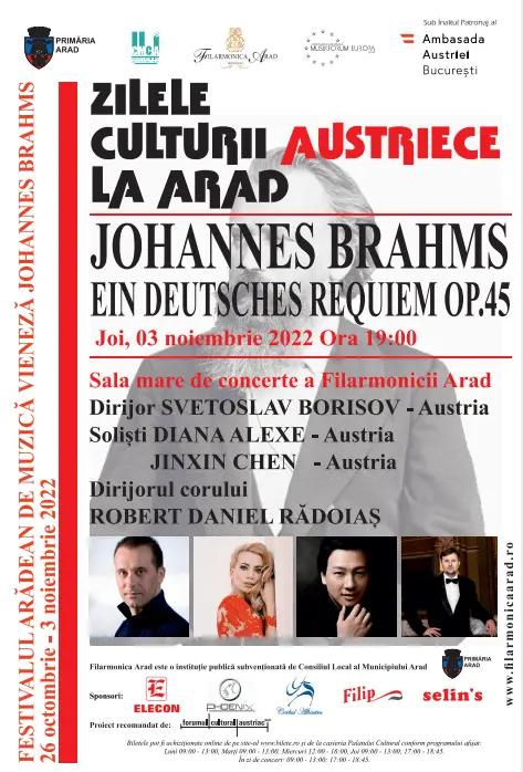 Sub tutela lui Brahms. Zilele Culturii Austrice la Arad și Festivalul de Muzică Vieneză: 26 octombrie - 3 noiembrie 2022