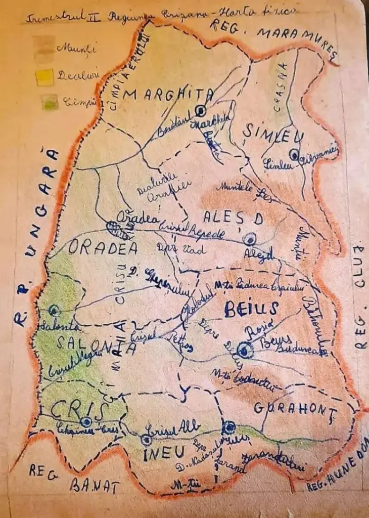 Harta fostei regiuni Crisana, cu resedinta la Oradea. Sunt trecute raioanele componente ale regiunii si resedintele lor. Desfiintata odata cu infiintarea judetelor in anul 1968