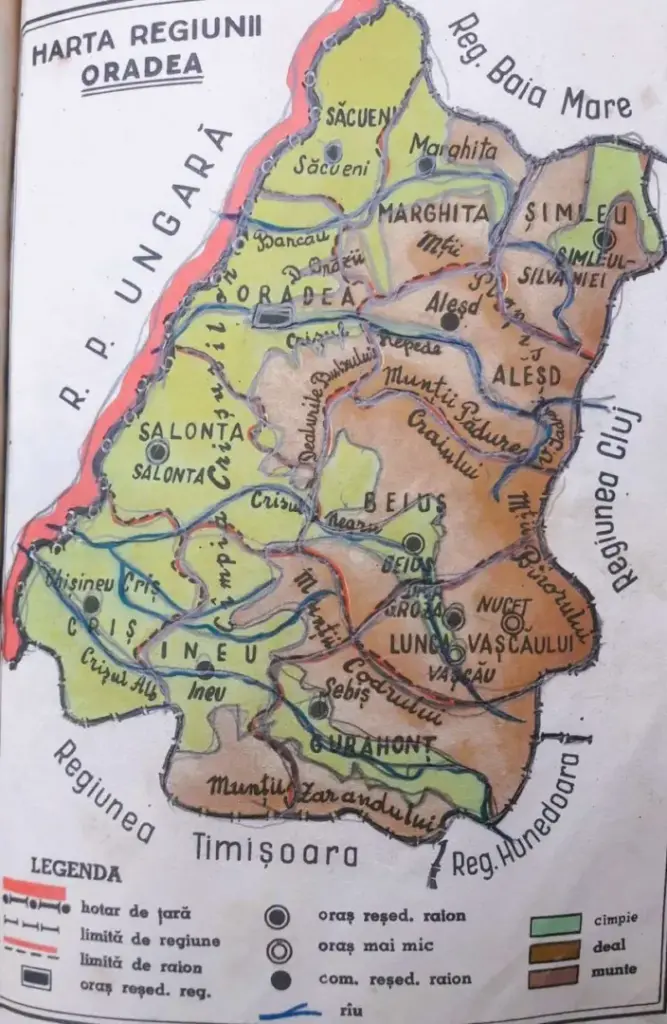 harta mai recenta a regiunii crisana, cu raioanele componente - capitala regiunii era la oradea - in 1963