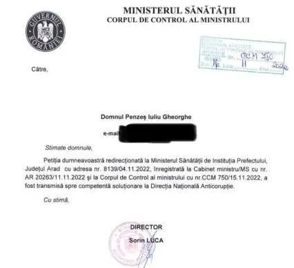 SESIZAREA depusă la Prefectură de directorul financiar al DSP Arad împotriva lui Cătană - redirecționată către Ministerul Sănătății și DNA: acesta este MOTIVUL pentru care Cătană și-a ieșit din minți și l-a agresat pe Penzes Iuliu în sediul instituției