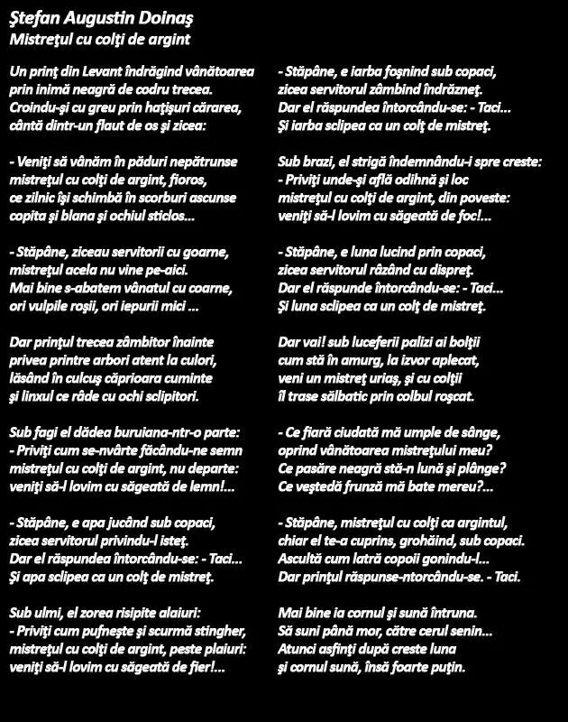 „Mistrețul cu colți de argint” (https://www.ziuaconstanta.ro/divertisment/lumea-poeziilor/lumea-poeziilor-stefan-augustin-doinas-mistretul-cu-colt-de-argint-audio-458089.html)
