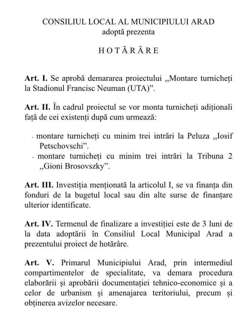 USR Arad: Proiect pentru turnicheți adiționali la stadionul UTA