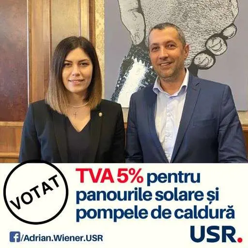 (Și) Adrian Wiener se laudă cu „scăderea de la 19% la 5% a TVA-ului pentru livrarea si instalarea de panouri fotovoltaice, panouri solare termice, sisteme de încălzire cu emisii scăzute de înaltă eficiență”