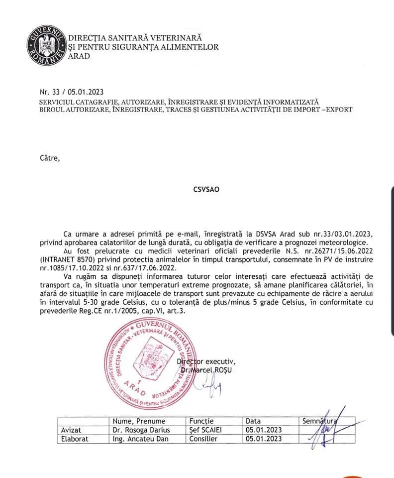 DSVSA Arad sfidează meteorologia, logica și bunul simț: a emis un ordin care îi obligă pe transportatorii de animale să aibă frigider în mașini... la 12 grade