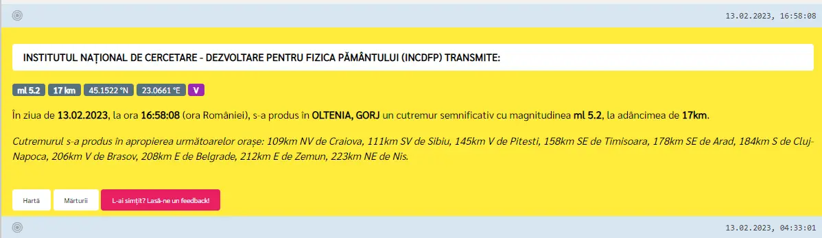 [ACTUALIZARE 2] Un NOU CUTREMUR de magnitudinea 5,7 și cu același epicentru - resimțit în Arad