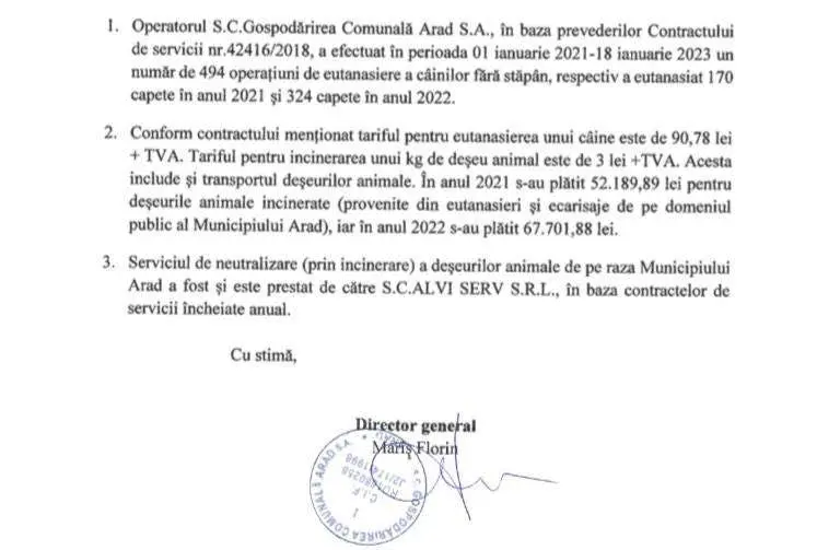 Câți câini au fost eutanasiați în Arad în ultimii doi ani și cât ne-a costat