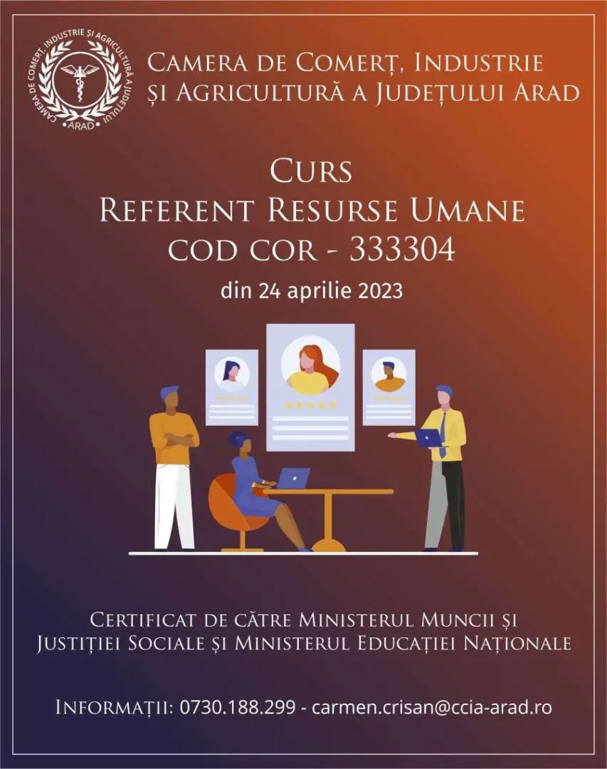 Cursuri CCIA: INSPECTOR SĂNĂTATE ȘI SECURITATE ÎN MUNCĂ și REFERENT RESURSE UMANE