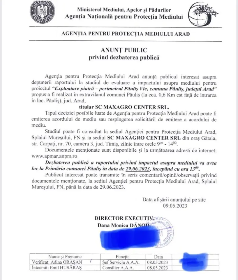 [ACTUALIZARE] Acordul de Mediu pentru noua carieră de la Păuliș rămâne în standby. În cadrul dezbaterii publice, APM a ținut cont de poziția locuitorilor comunei și a solicitat clarificări din partea investitorului MAXAGRO CENTER SRL