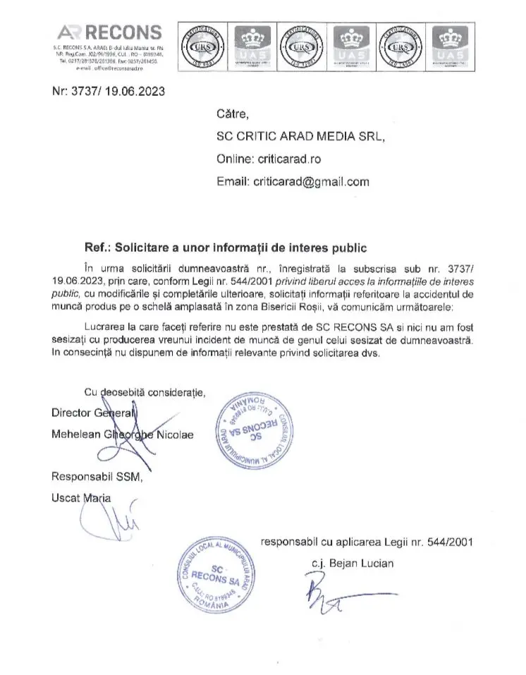 [ACTUALIZARE] RECONS „nu a fost informat despre producerea unui accident de muncă de genul celui sesizat, în consecință nu dispune de informații relevante privind solicitarea”