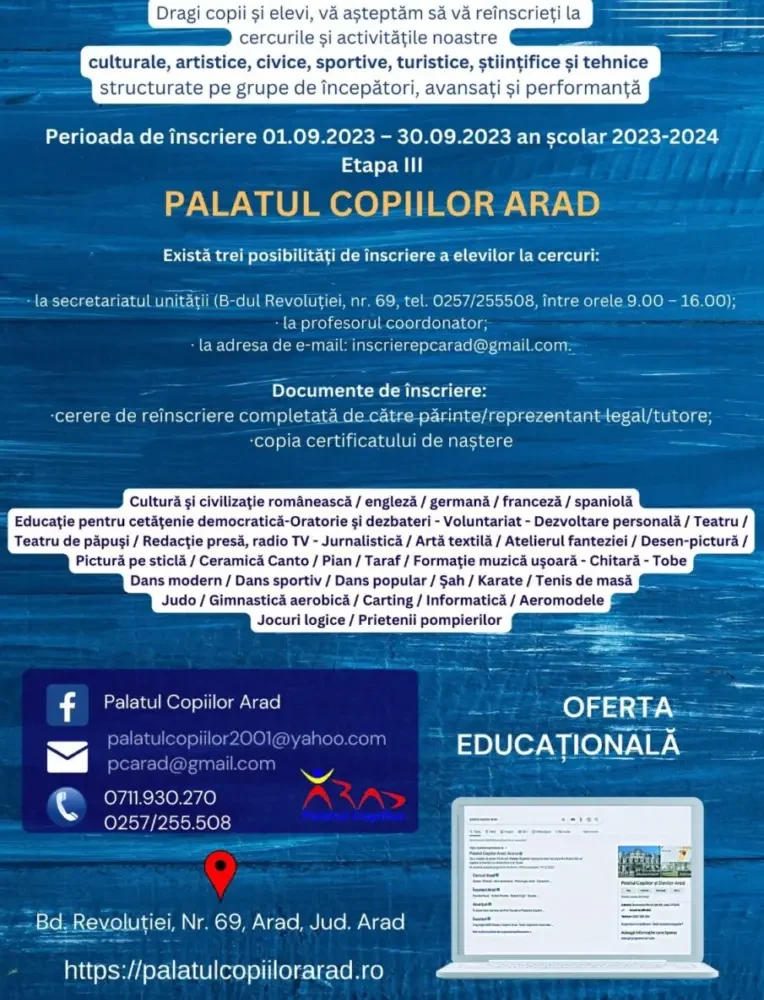 înscrieri la cursurile palatului copiilor