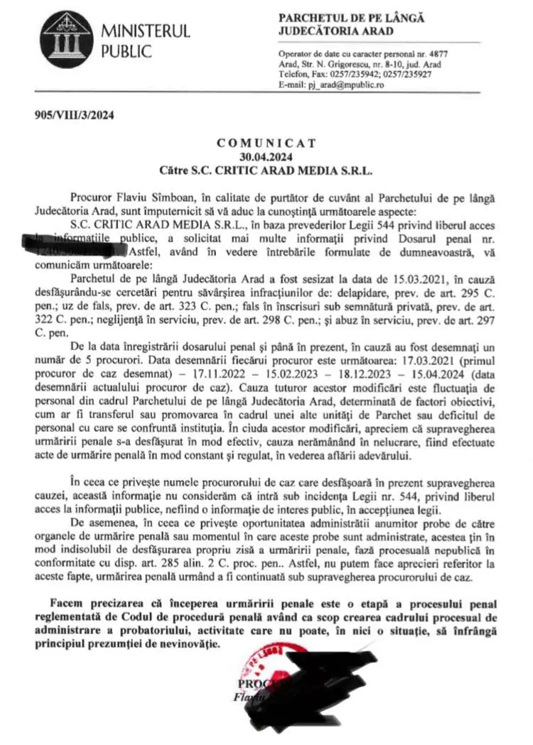 raspuns parchet judecatoria arad