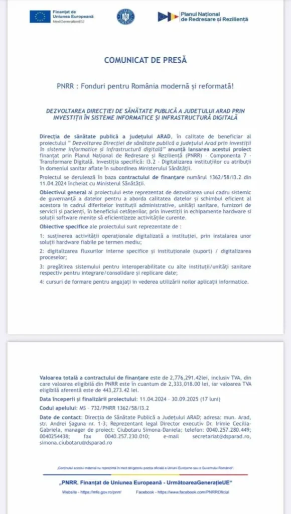 DEZVOLTAREA DIRECȚIEI DE SĂNĂTATE PUBLICĂ A JUDEȚULUI ARAD PRIN INVESTIȚII ÎN SISTEME INFORMATICE ȘI INFRASTRUCTURĂ DIGITALĂ