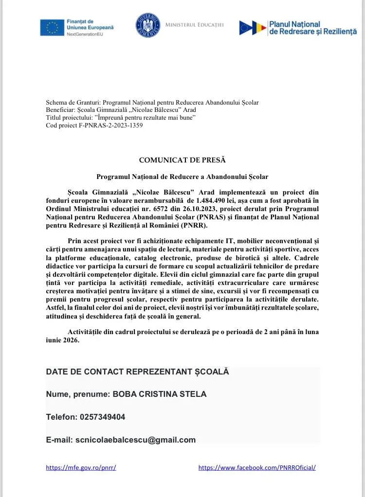 comunicat proiect pnrr scoala gimnaziala nicolae balcescu