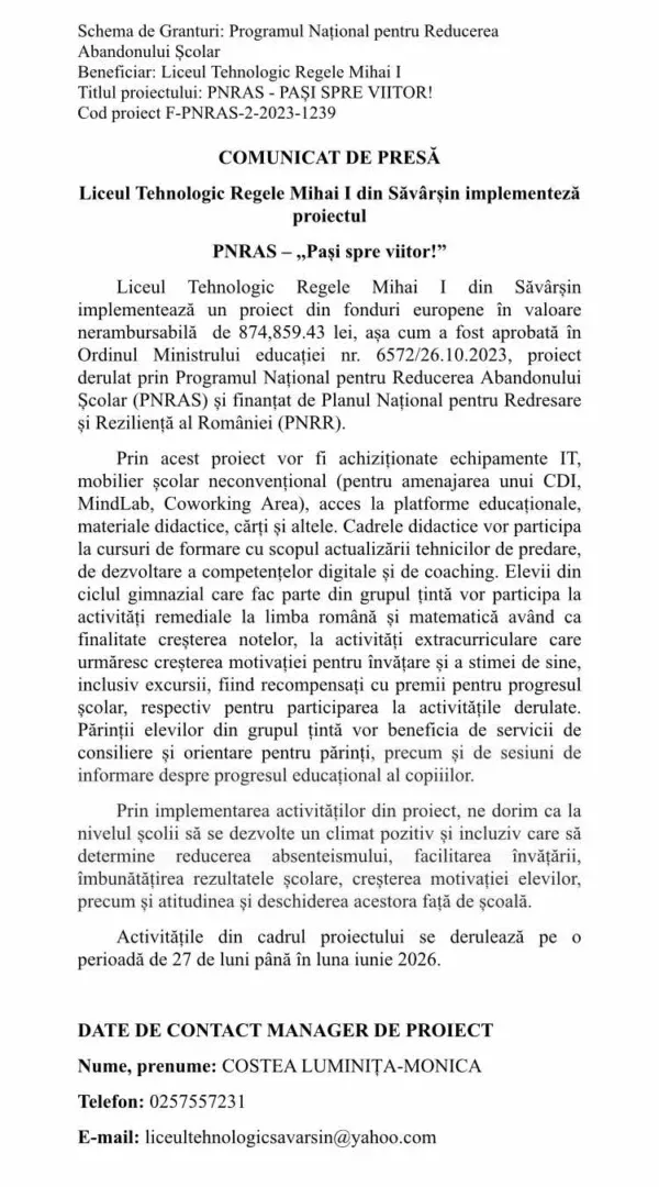 anunt proiect liceul tehnologic regele mihai i savarsin