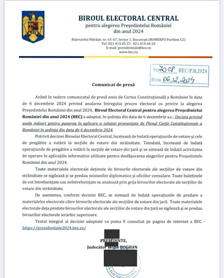 bec comunicat anulare alegeri prezidentiale