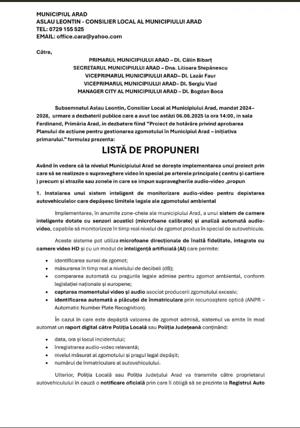 Leontin aslău - listă de propuneri după dezbaterea privind „planul de acțiune pentru gestionarea zgomotului în municipiul arad” 2 lista1
