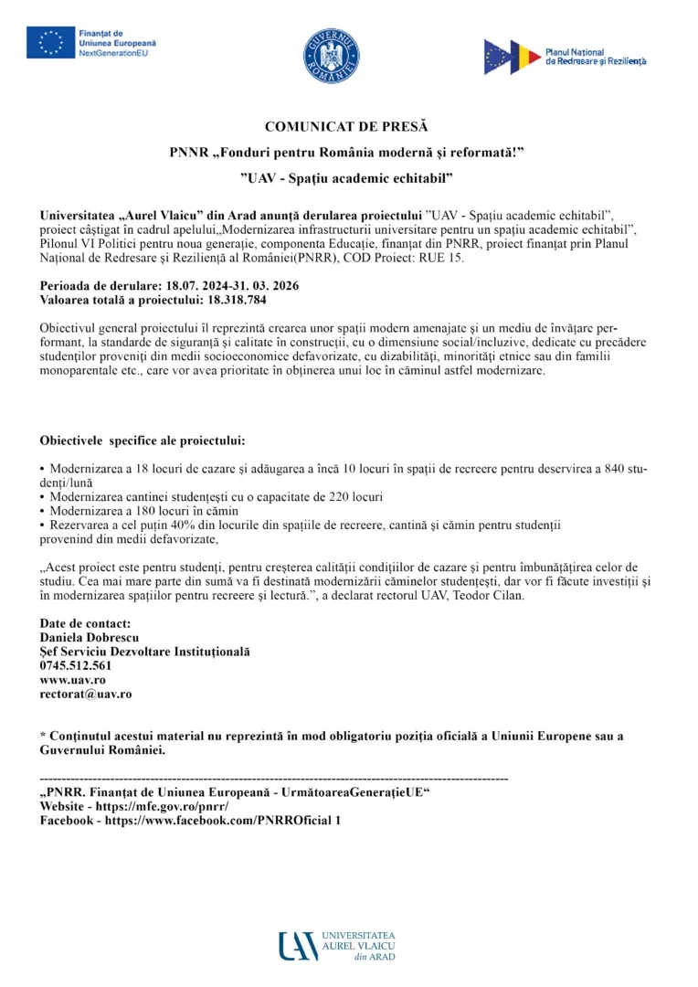 Pnnr „fonduri pentru românia modernă și reformată! ” | „uav spațiu academic echitabil” 2 proiect spatiu echitabil
