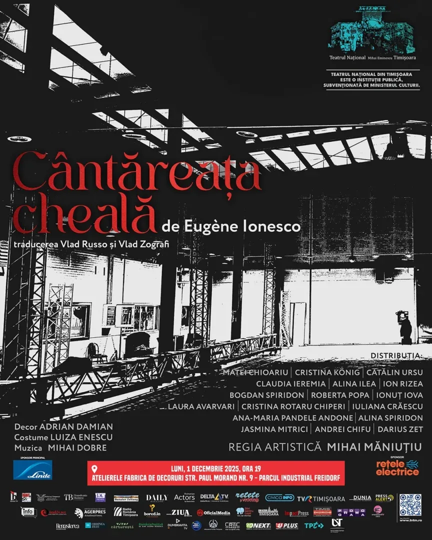 De ziua națională a româniei, teatrul național din timișoara pregătește publicului o experiență teatrală atipică: cântăreața cheală de eugène ionesco 2 cantareata cheala afis