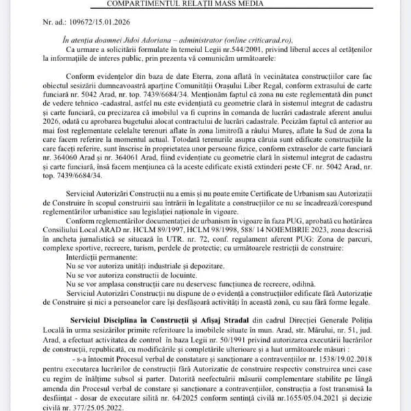 Autorități fără autoritate | primăria arad confirmă că „imperiul familiei vasilache” din zona mărului a fost construit ilegal... Și atât 2 raspuns pma vasilache1