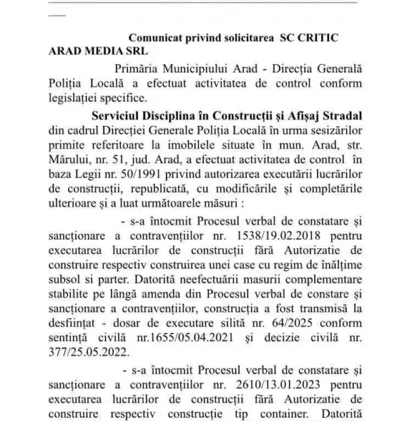 Autorități fără autoritate | primăria arad confirmă că „imperiul familiei vasilache” din zona mărului a fost construit ilegal... Și atât 4 raspuns dgpla1