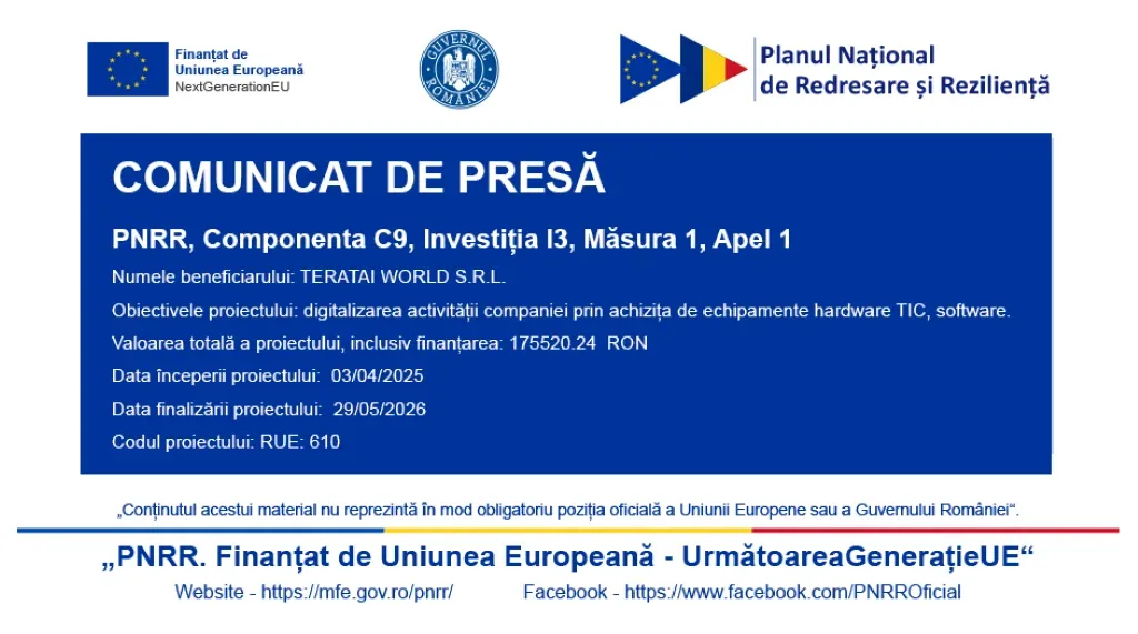 Teratai world s. R. L | anunț privind începerea proiectului cu titlul: „digitalizare imm s. C. Teratai world s. R. L. ” 4 anunt teratai world