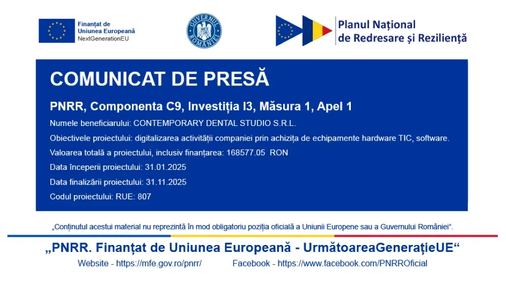 Sc contemporary dental studio srl | anunț privind încheierea proiectului cu titlul: „digitalizarea digitalizare imm s. C. Contemporary dental studio s. R. L” – rue: 807 3 anunt