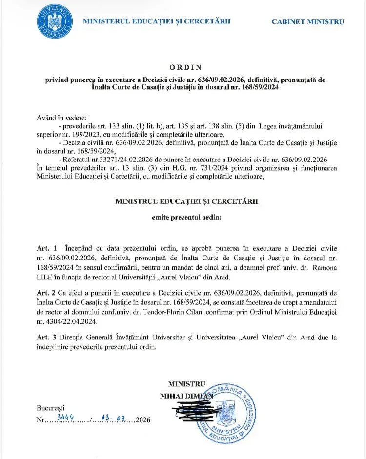 Ramona lile - repusă în funcția de rector al uav prin ordinul ministrului educației mihai dimian 2 ordin mec lile