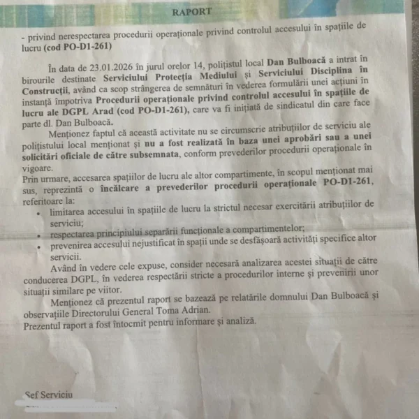 Adrian toma, directorul general al poliției locale arad, acuzat „de hărțuire morală la locul de muncă” | plângerea a fost făcută de un angajat al dgpla și a ajuns la comisia de hărțuire 2 raport1
