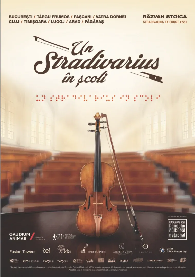 „un stradivarius în școli” - ediția specială pentru copii deficienți de vedere ajunge la arad | violonistul răzvan stoica și pianista andreea stoica se vor întâlni cu elevii de la liceul special „sfânta maria” 2 afis un stradivarius in scoli editia speciala