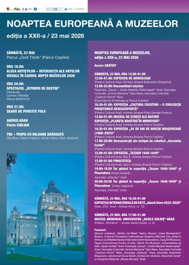 Noaptea europeană a muzeelor 2026, la arad | program 9 noaptea muzeelor arad 23 mai 2026