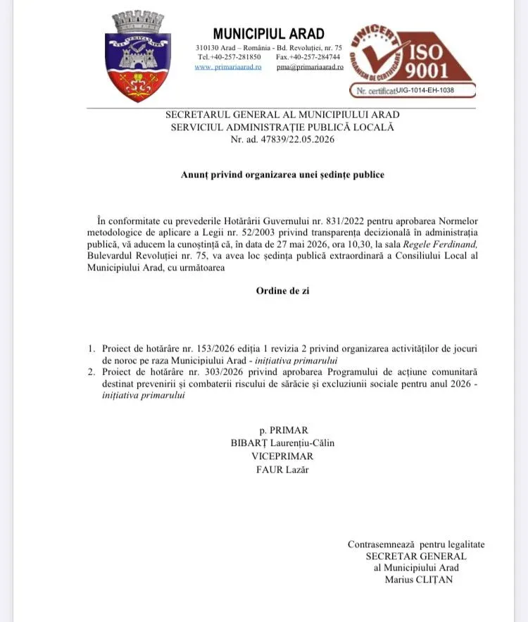În polemică cu propriile idei... Primăria arad a fixat o dezbatere publică pe tema jocurilor de noroc la o zi după ce se va supune la vot proiectul de hotărâre! 2 ordine de zi clm 27 mai 2026