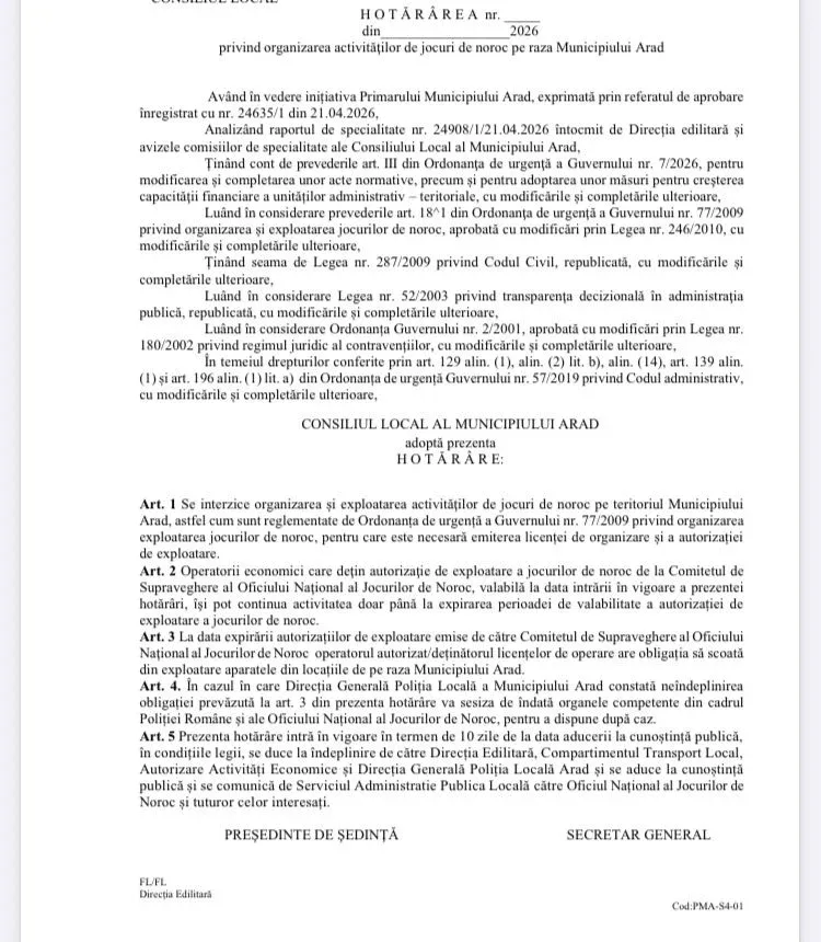 În polemică cu propriile idei... Primăria arad a fixat o dezbatere publică pe tema jocurilor de noroc la o zi după ce se va supune la vot proiectul de hotărâre! 3 ph ordine de zi clm 27 mai 2026