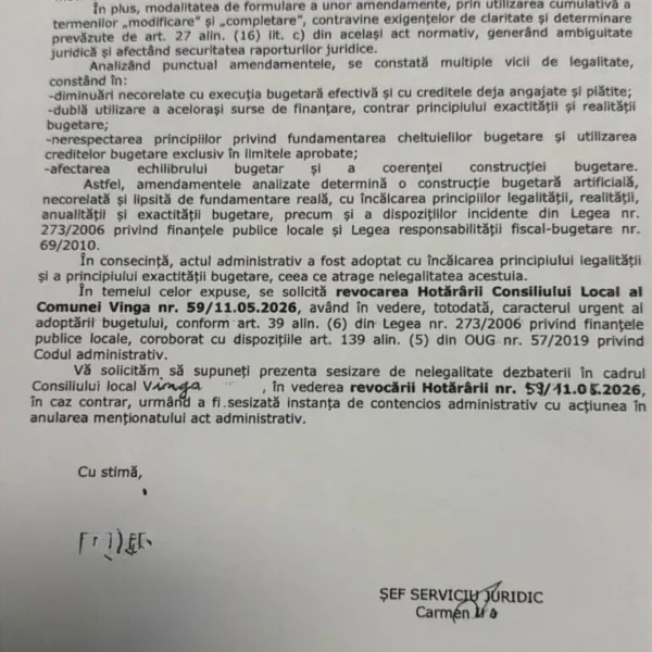 Explicația refuzului celor 9 consilieri locali din Vinga de a vota BUGETUL comunei: s-au opus „sifonărelilor”! VEZI CELE 6 AMENDAMENTE contestate de prefect