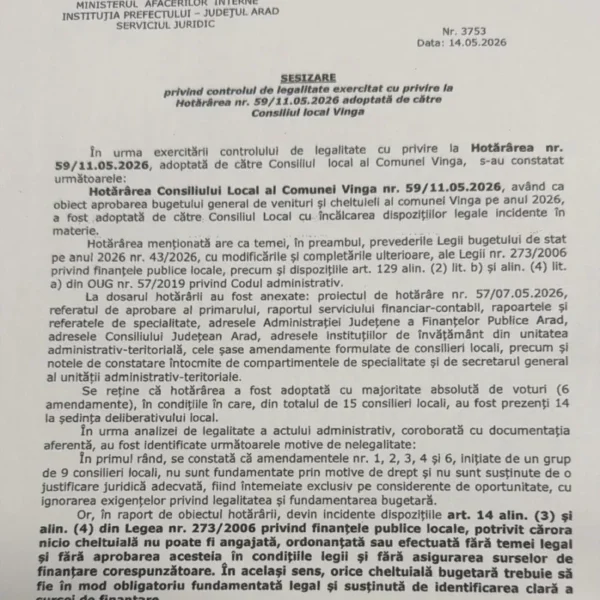 Explicația refuzului celor 9 consilieri locali din Vinga de a vota BUGETUL comunei: s-au opus „sifonărelilor”! VEZI CELE 6 AMENDAMENTE contestate de prefect
