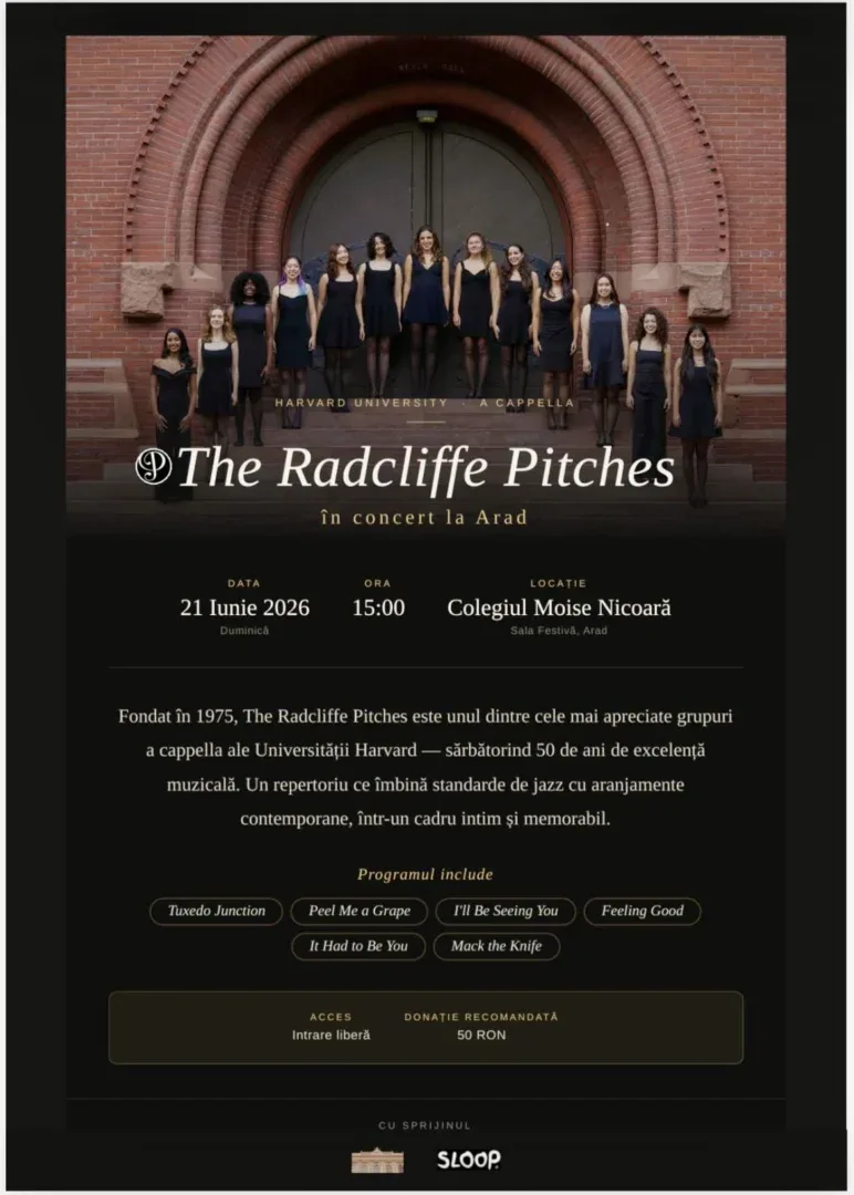 „the radcliffe pitches”, cel mai vechi și faimos grup a cappella de voci înalte de la universitatea harvard, și-a susținut ultimul concert din acest an în sala festivă a colegiului național „moise nicoară” 2 the radcliffe pitches