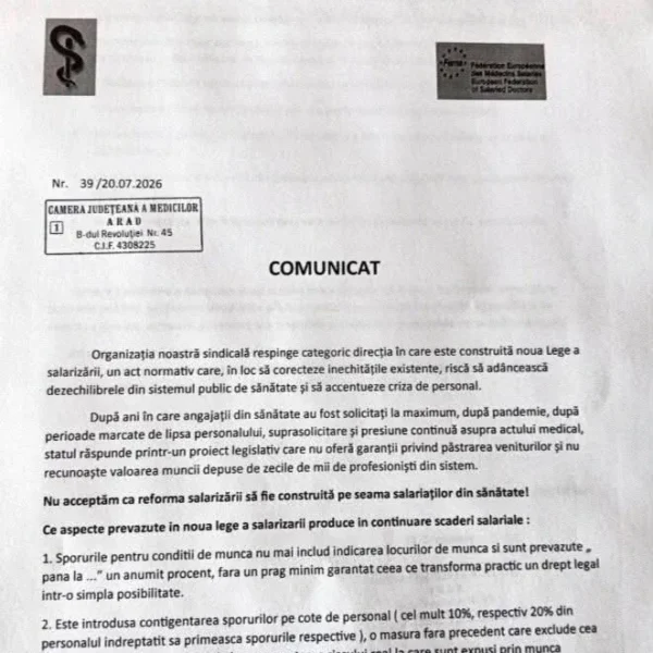 comunicat revendicări _grevă_camera județeană a medicilor arad1