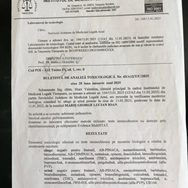 Disperarea unui tată | moartea lui lucian mariș din șiria - un „banal accident” sau o crimă interlopă acoperită de autorități? (1) 8 buletin analiza toxicologica 13.01.2025