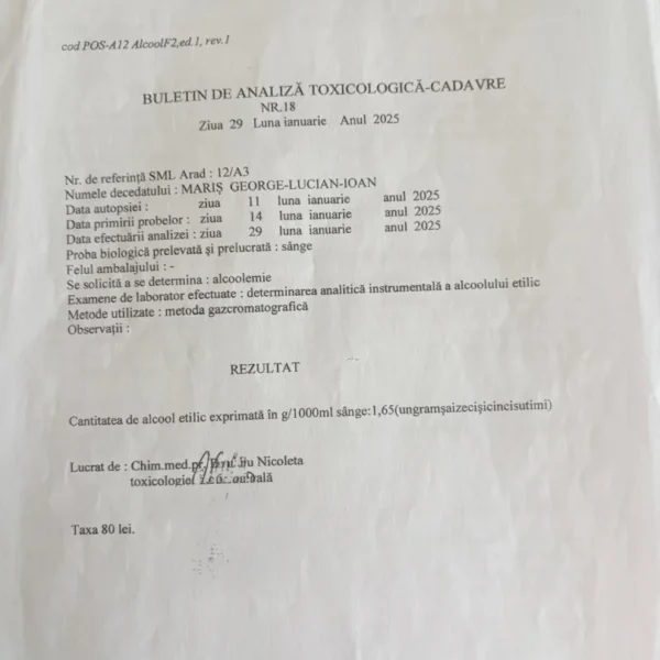 Disperarea unui tată | moartea lui lucian mariș din șiria - un „banal accident” sau o crimă interlopă acoperită de autorități? (1) 9 buletin analiza toxicologicac