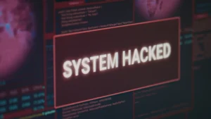 computer monitor showing hacked system alert message flashing screen dealing with hacking cyber crime attack display with security breach warning malware threat close up