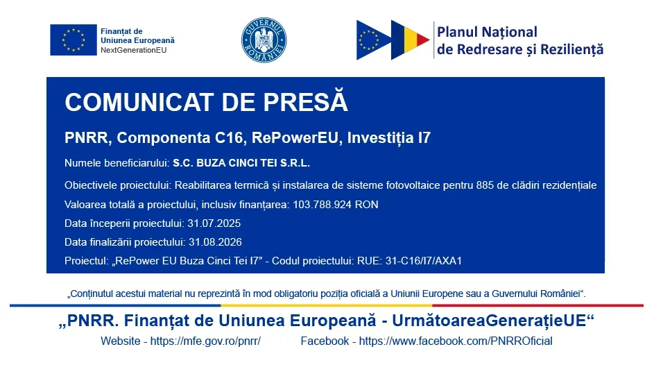 SC BUZA CINCI TEI SRL | Anunț privind finalizarea proiectului cu titlul: „RePower EU Buza Cinci Tei I7” - RUE 31