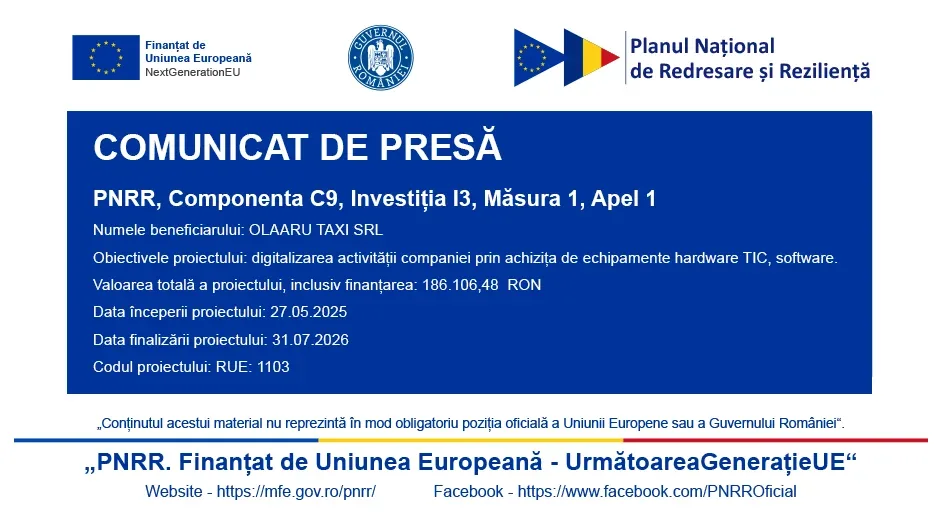 OLAARU TAXI SRL | Anunț privind finalizarea proiectului cu titlul: „DIGITALIZARE ACTIVITATI OLAARU TAXI SRL”