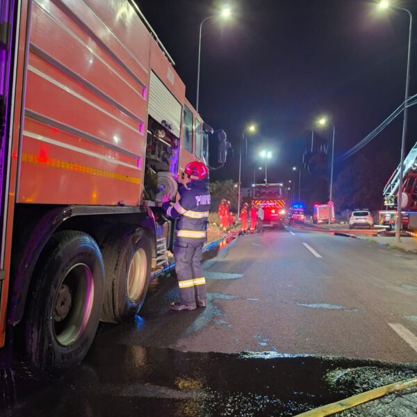 Un incendiu izbucnit la 4 dimineața a mistuit, într-o oră, o hală a unui service auto de pe Calea Radnei