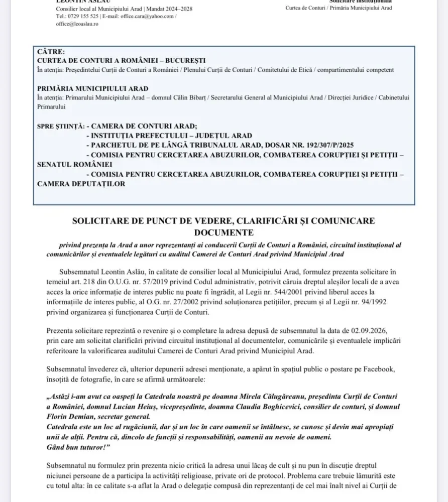 Consilierul local Leontin Aslău solicită PUNCT DE VEDERE, CLARIFICĂRI și DOCUMENTE din partea instituțiilor abilitate privind prezența la Arad a unor reprezentanți ai conducerii Curții de Conturi a României