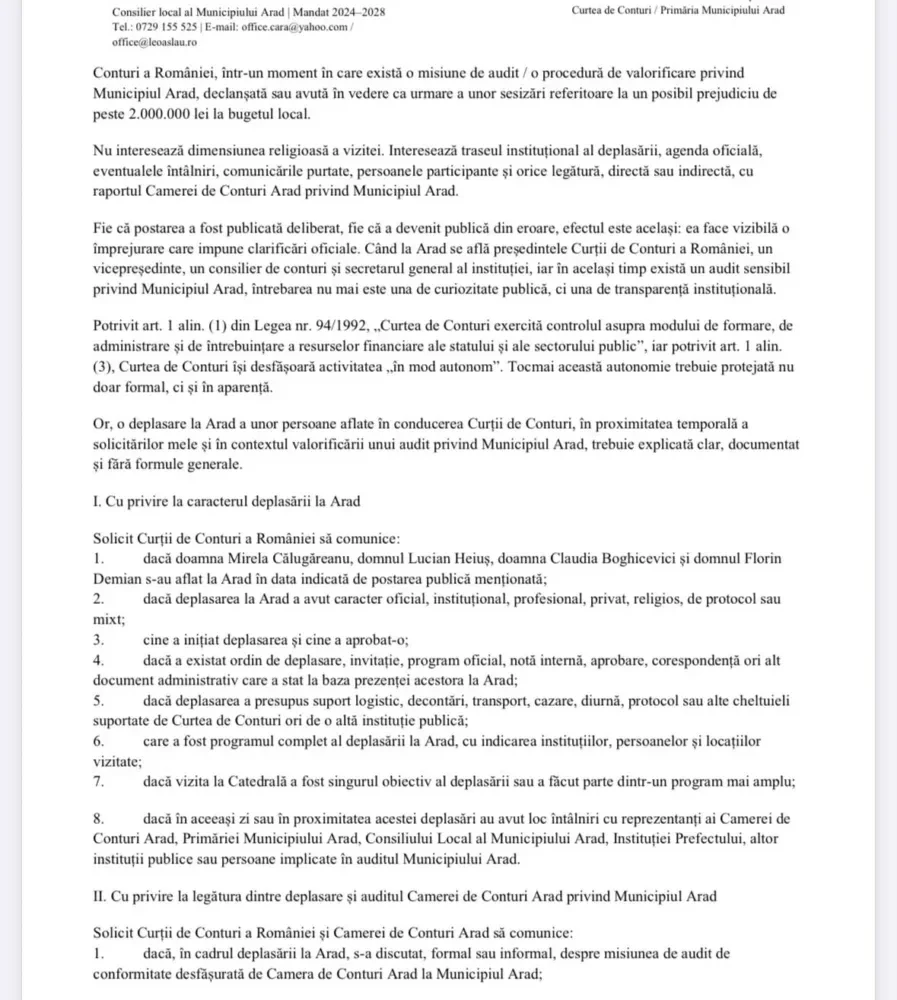 Consilierul local Leontin Aslău solicită PUNCT DE VEDERE, CLARIFICĂRI și DOCUMENTE din partea instituțiilor abilitate privind prezența la Arad a unor reprezentanți ai conducerii Curții de Conturi a României