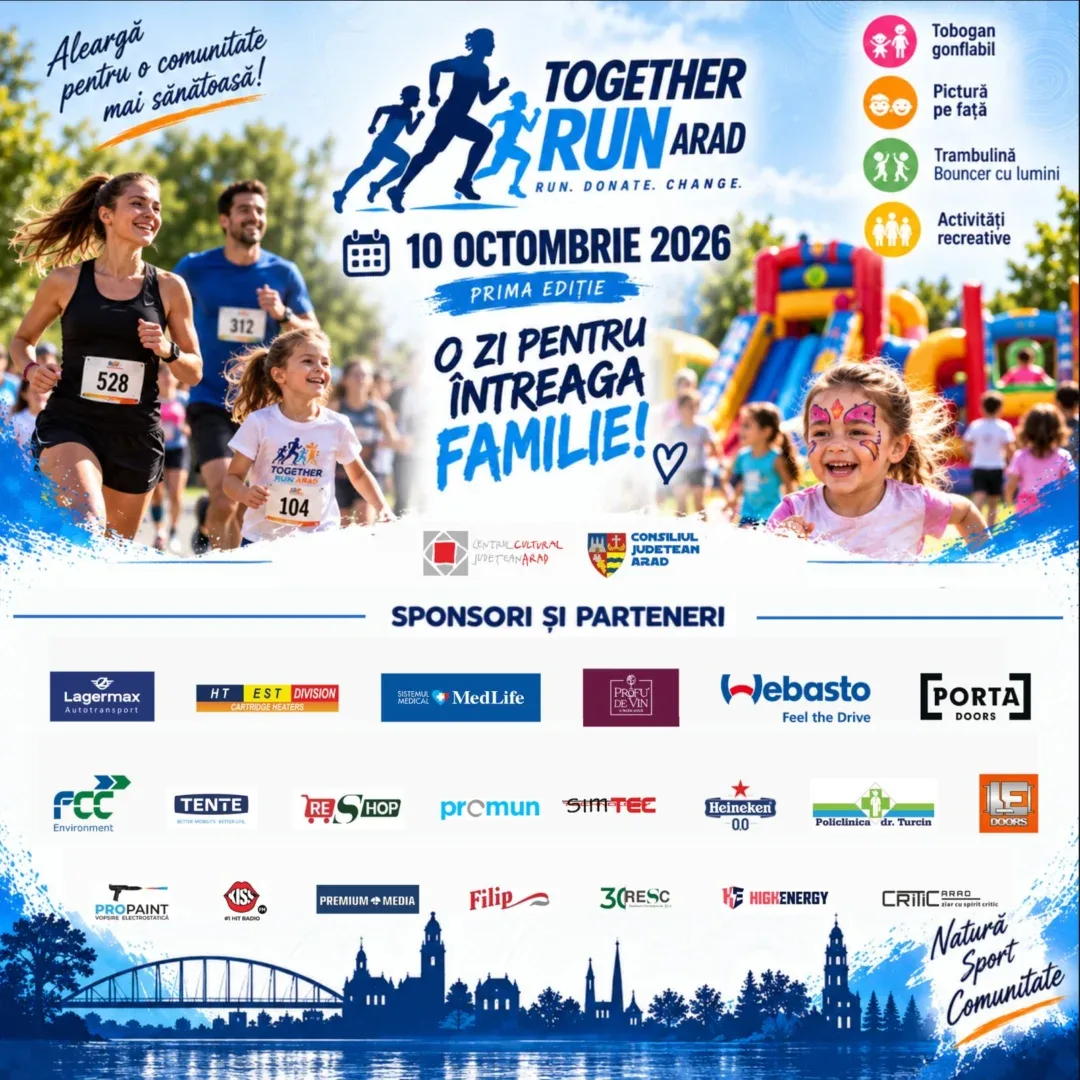 S-au deschis înscrierile pentru Together Run Arad 2026 | Alergare, familie și comunitate, pe 10 octombrie, în centrul Aradului