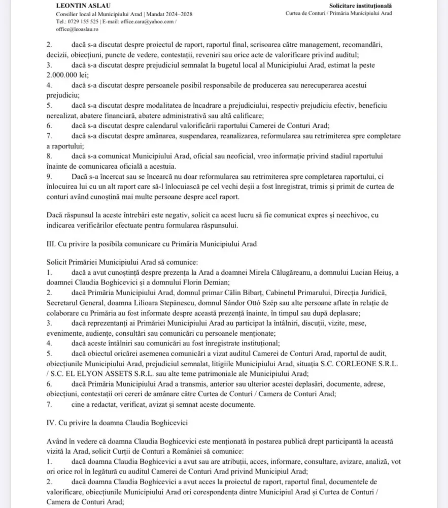 Consilierul local Leontin Aslău solicită PUNCT DE VEDERE, CLARIFICĂRI și DOCUMENTE din partea instituțiilor abilitate privind prezența la Arad a unor reprezentanți ai conducerii Curții de Conturi a României