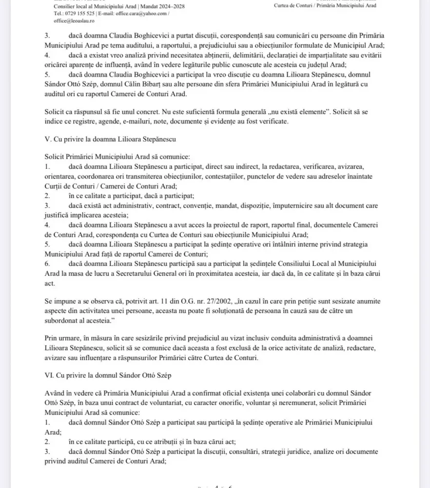 Consilierul local Leontin Aslău solicită PUNCT DE VEDERE, CLARIFICĂRI și DOCUMENTE din partea instituțiilor abilitate privind prezența la Arad a unor reprezentanți ai conducerii Curții de Conturi a României